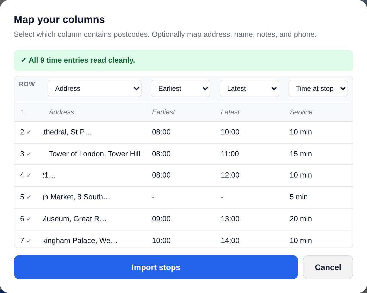 The same preview scrolled right, showing Earliest, Latest and Time at stop columns, with dashes where a stop has no window