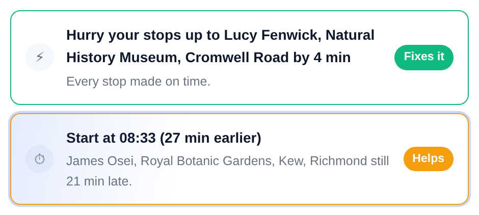 The levers board showing two settled options: hurry your stops by 4 min marked Fixes it, and start 27 minutes earlier marked Helps