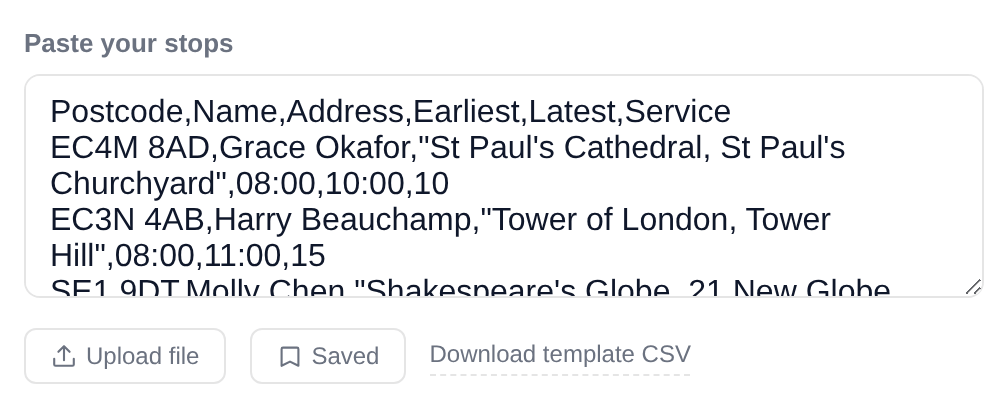 The stops box on the planning screen with a pasted CSV of London stops, including Earliest, Latest and Service columns