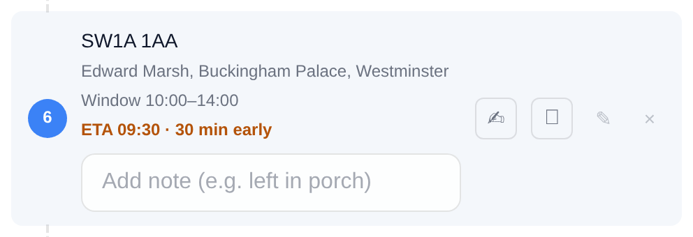 A stop card for Buckingham Palace with window 10:00 to 14:00 showing ETA 09:30, 30 min early