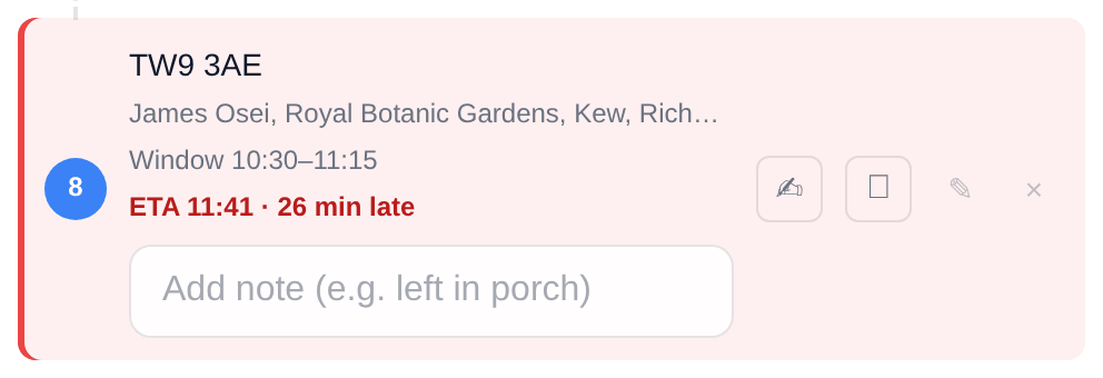 A late stop card for Kew Gardens with window 10:30 to 11:15 showing ETA 11:41, 26 min late