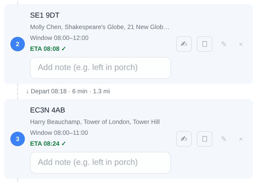 Two stop cards, Shakespeare's Globe and Tower of London, each showing its window and a green ETA with a tick