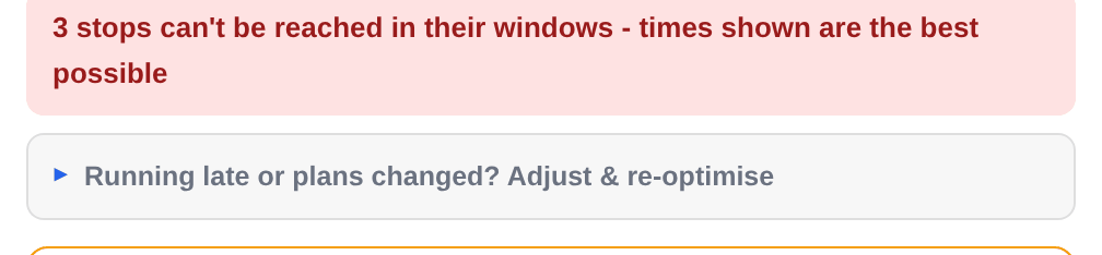 Red verdict reading 3 stops can't be reached in their windows - times shown are the best possible, above a summary of 8 stops, 16.4 miles, 1h 1m with a 3 late warning